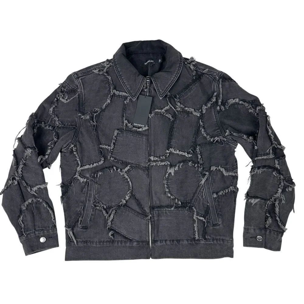 Nahmias Distressed Black Denim Patchwork Jacket Blazer Full Zip Mens Size M